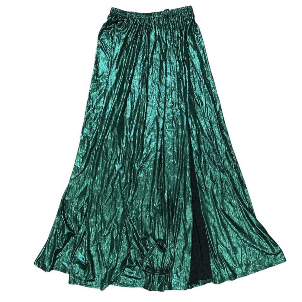 12th Tribe Metallic Maxi Skirt Emerald Green S High Slit Festival Holiday Party